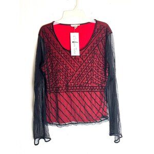 Green Tea Red And Black Beaded Mesh Women Top Grunge XXL
